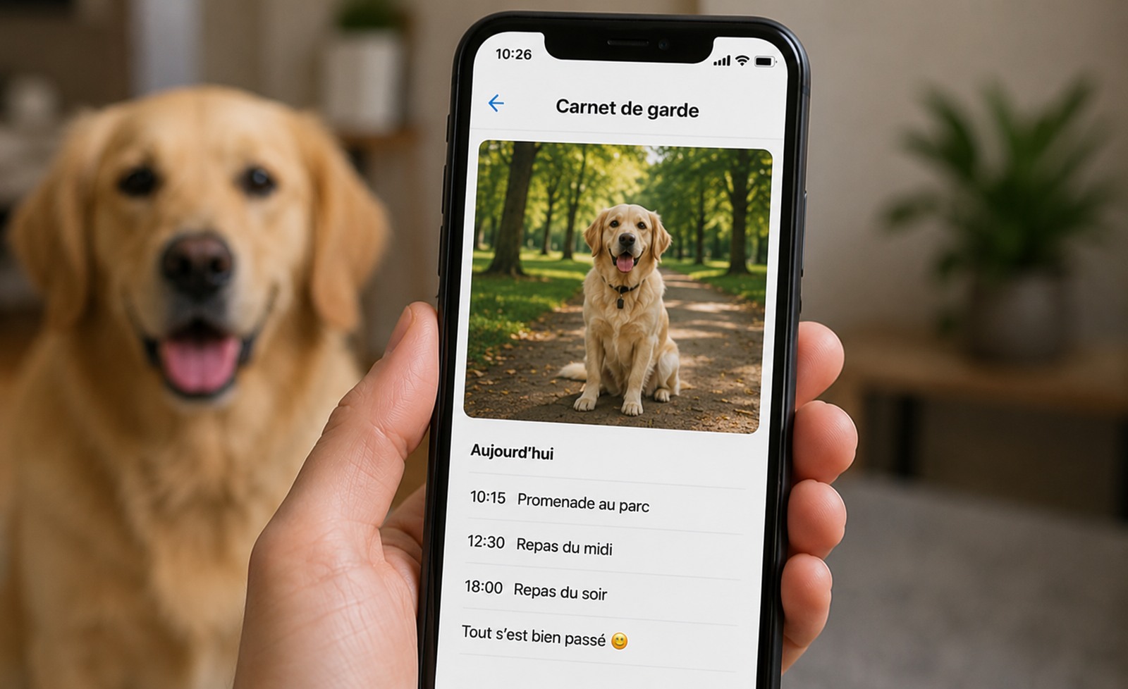 Un téléphone affichant le carnet de garde avec des photos du jour