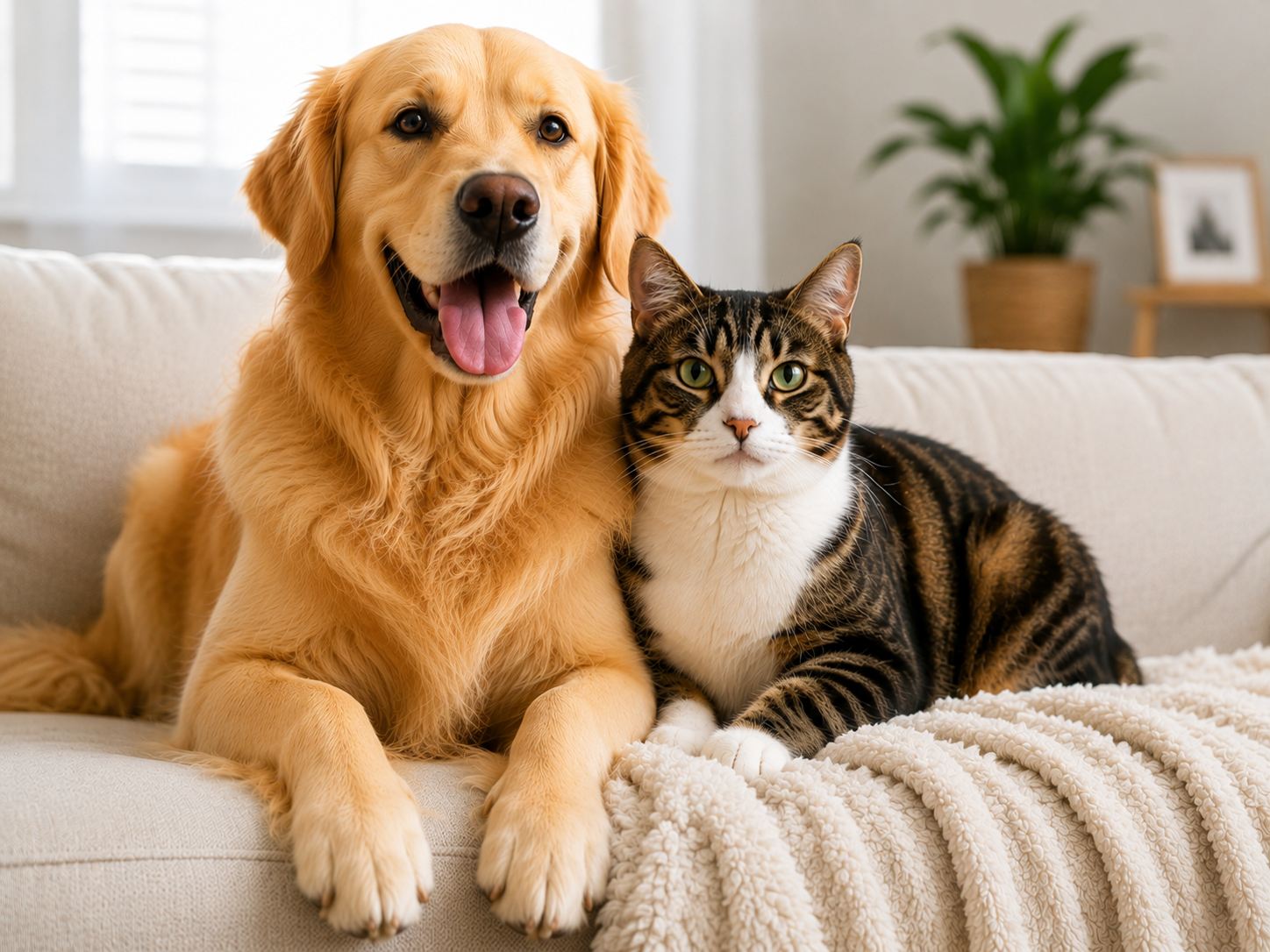 Un chien et un chat installés dans un salon