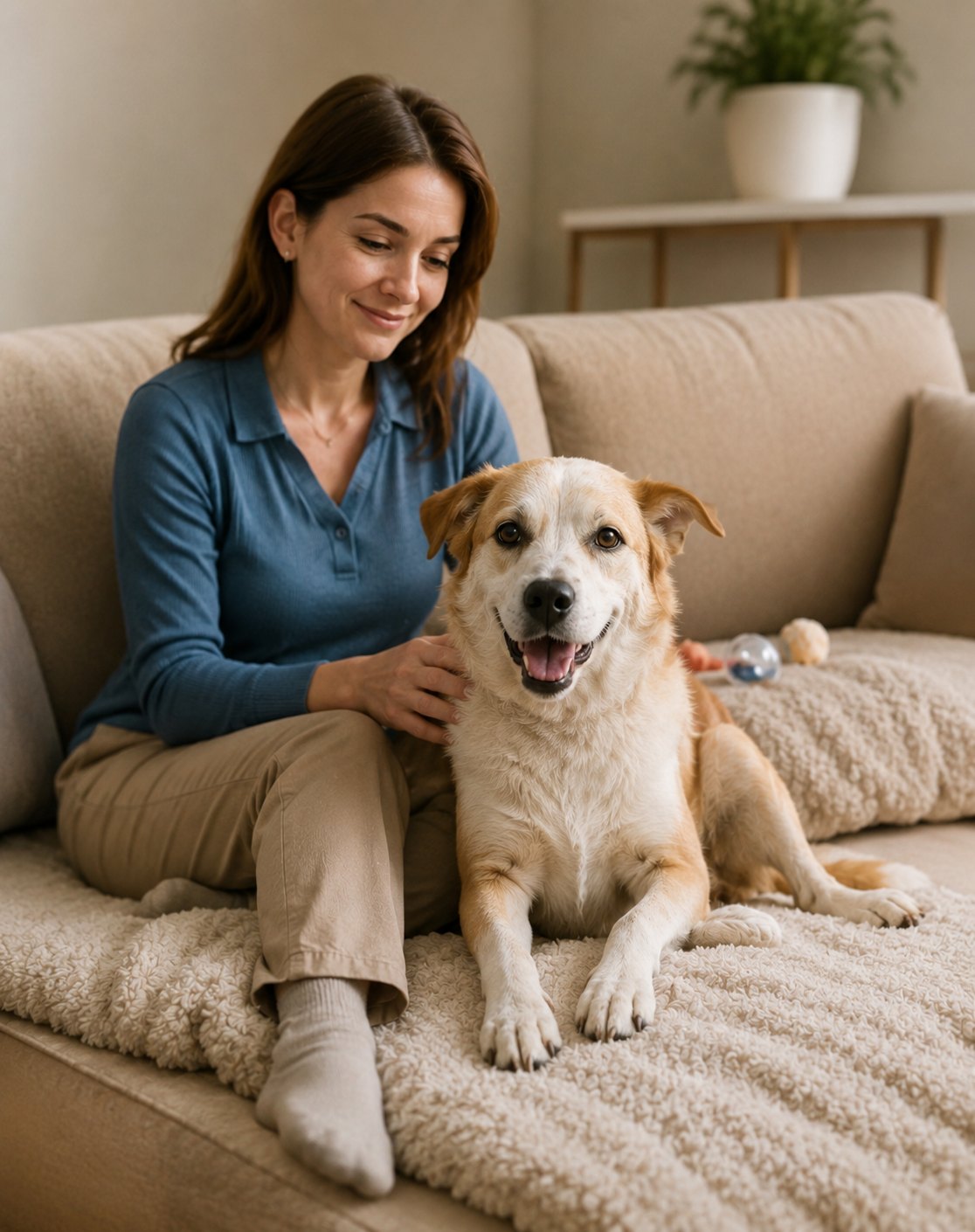 Une gardienne assise dans un salon avec deux chiens