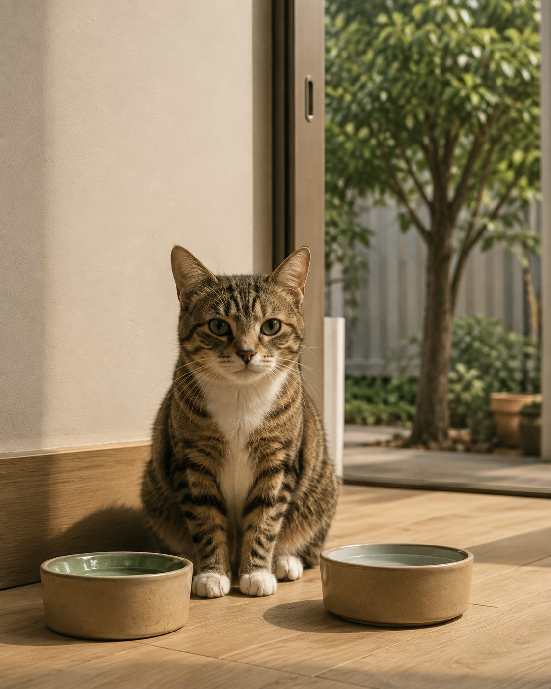 Un chat mangeant dans sa gamelle lors d'une visite