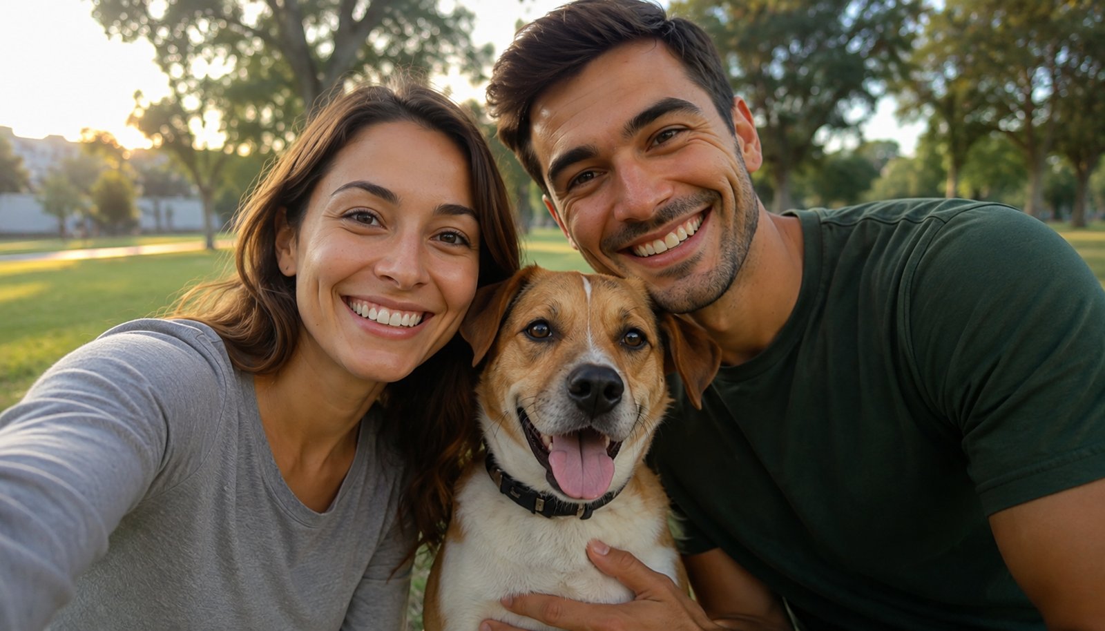 Une gardienne et un propriétaire échangeant devant un chien